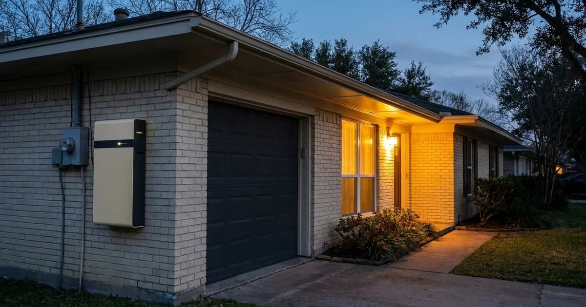 Southwest Houston suburban street at blue hour with a 1970s single-story brick ranch home, warm amber porch light glowing, and a wall-mounted home battery unit on the garage exterior beside the electrical meter, cream and charcoal materials, no people.