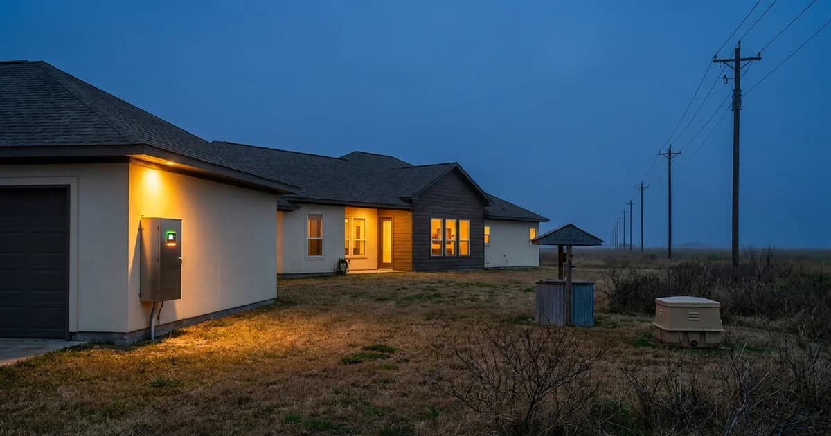 A single-story ranch house on flat coastal prairie acreage in inland Brazoria County at blue hour, a wall-mounted battery backup cabinet lit by warm amber light beside the garage, a metal well house and a small aerobic septic aerator box in the yard, and a long line of wooden distribution poles running away toward the horizon