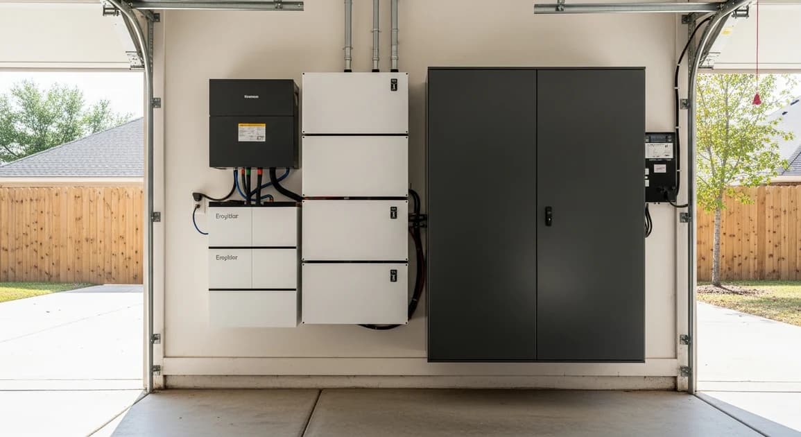 Side-by-side view of an Anker Solix X1 stacked modular battery and a Sigenergy SigenStor cabinet installed in Houston-area garages.