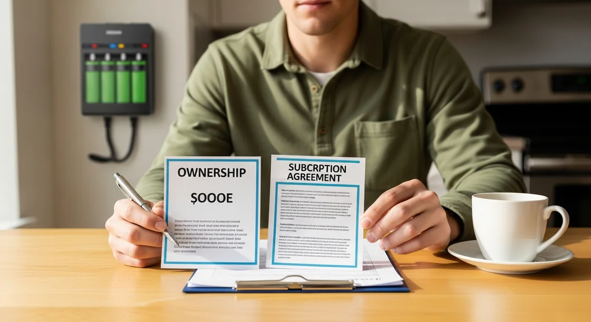 A homeowner reviewing an ownership quote and a subscription agreement for a home battery at a Houston kitchen table.