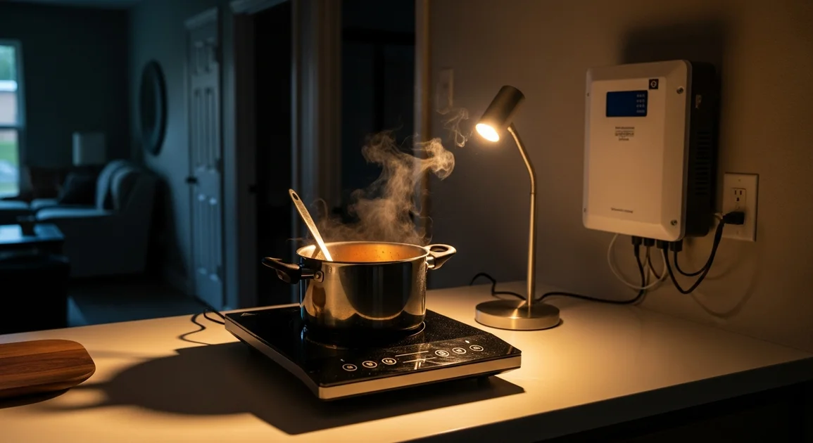 A pot cooking on a portable induction burner in a Houston kitchen during a power outage, with a home battery unit on the wall.