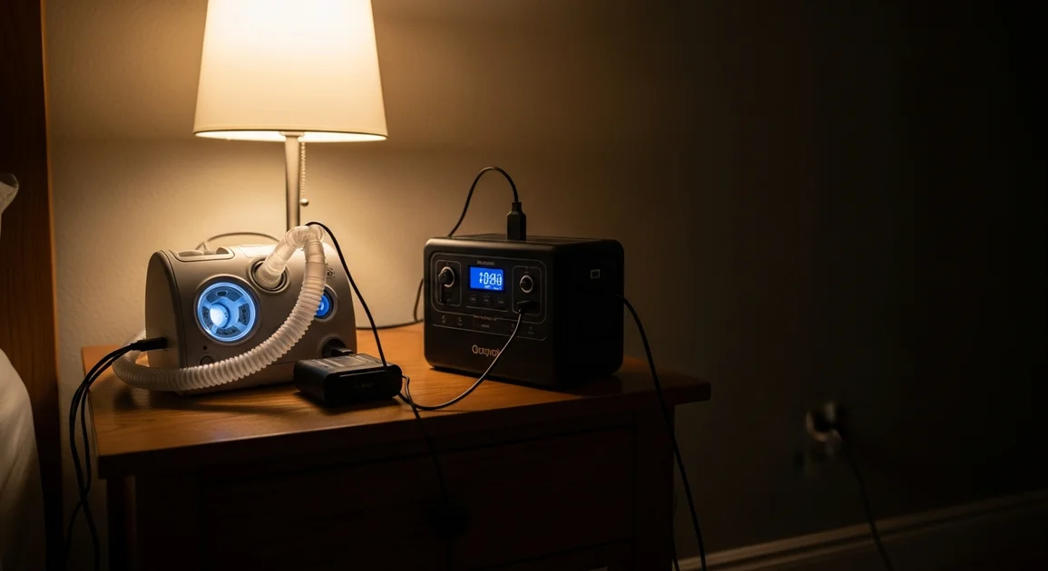 CPAP machine on a Houston nightstand connected to a small backup power station with bedroom lamp on during a power outage, soft warm bedroom light.