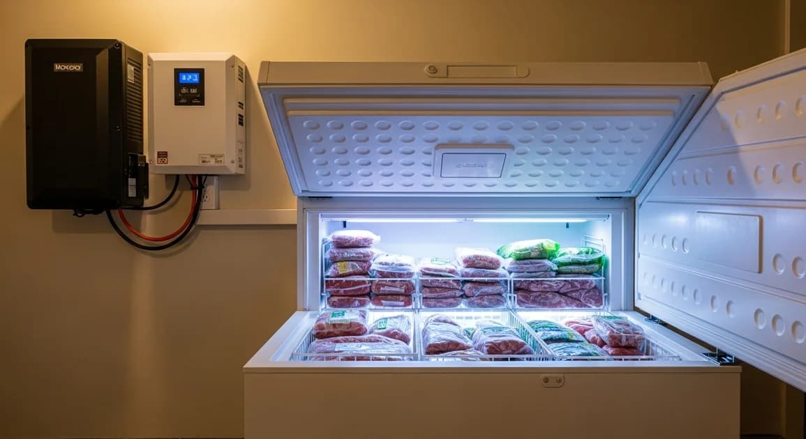 A well-stocked chest freezer in a Houston garage beside a wall-mounted battery backup unit during a power outage.