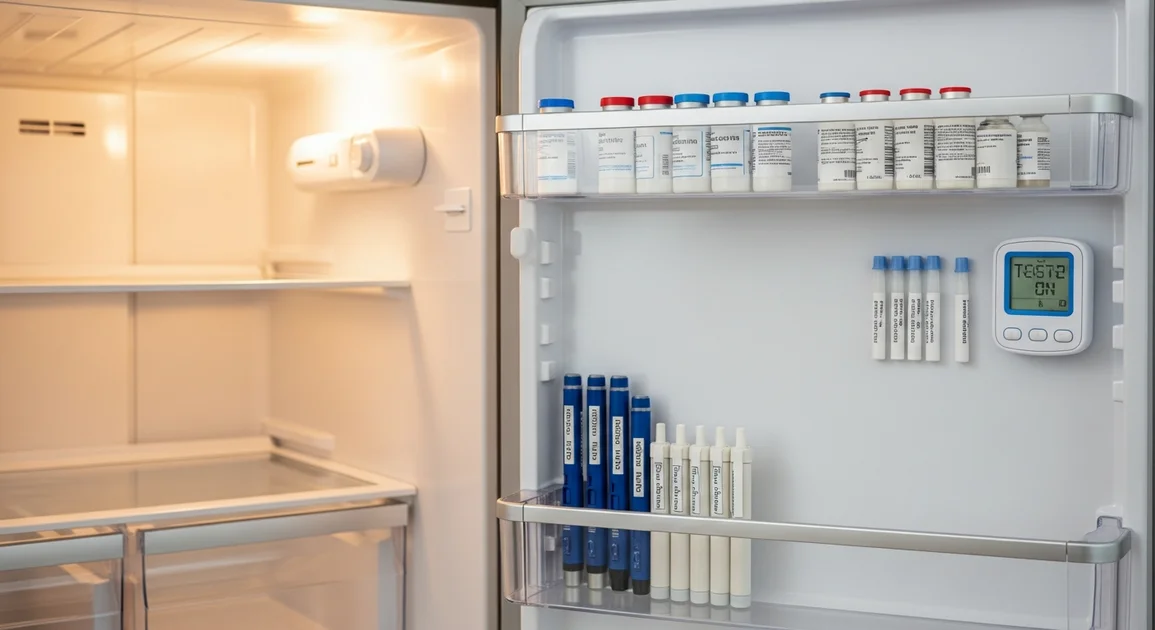 Open kitchen refrigerator in a Houston home with insulin vials and pens organized on the door shelf, light on inside fridge during a power outage thanks to home battery backup.