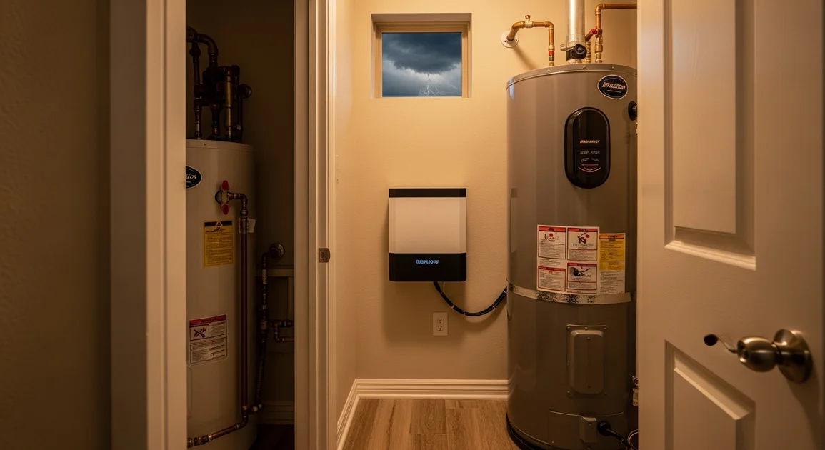 An electric tank water heater in a Houston utility closet next to a wall-mounted home battery system during a storm.