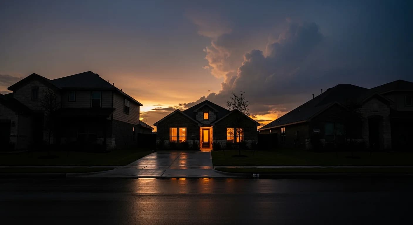 Modern Houston home at night with warm interior lights glowing while neighboring homes sit completely dark during a Texas storm outage