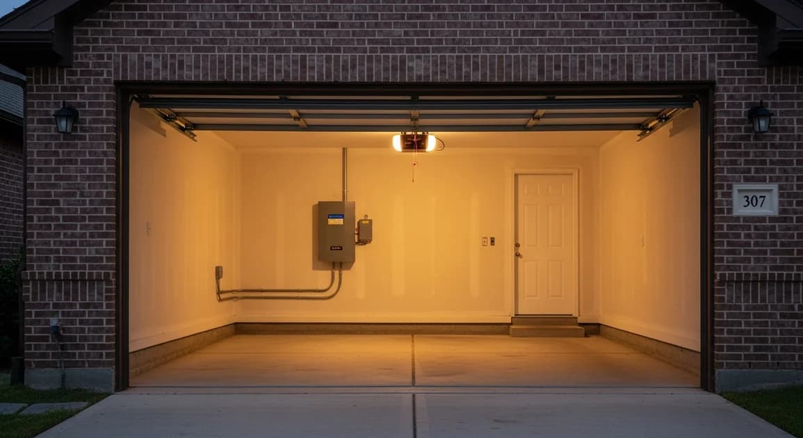 Houston home garage with door fully open during dusk and a wall-mounted home battery backup unit visible inside the garage on the side wall.