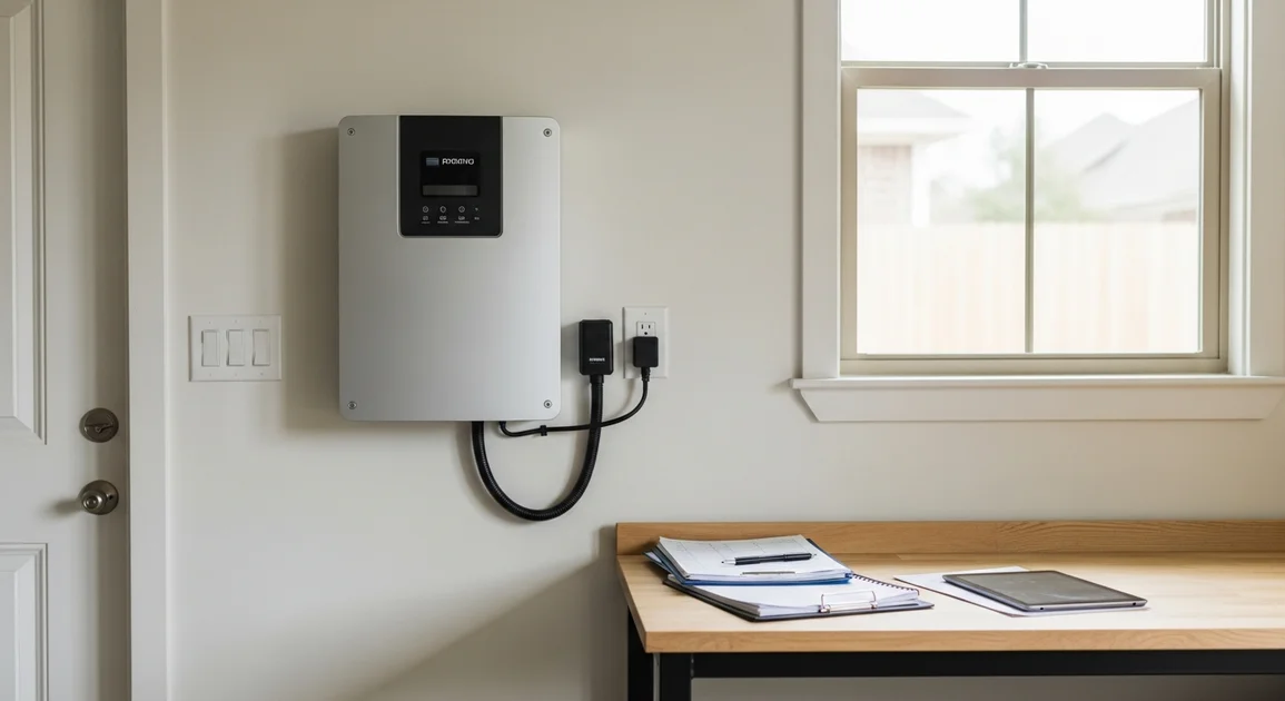 A homeowner reviewing HOA architectural guidelines beside a wall-mounted home battery in a Texas garage.