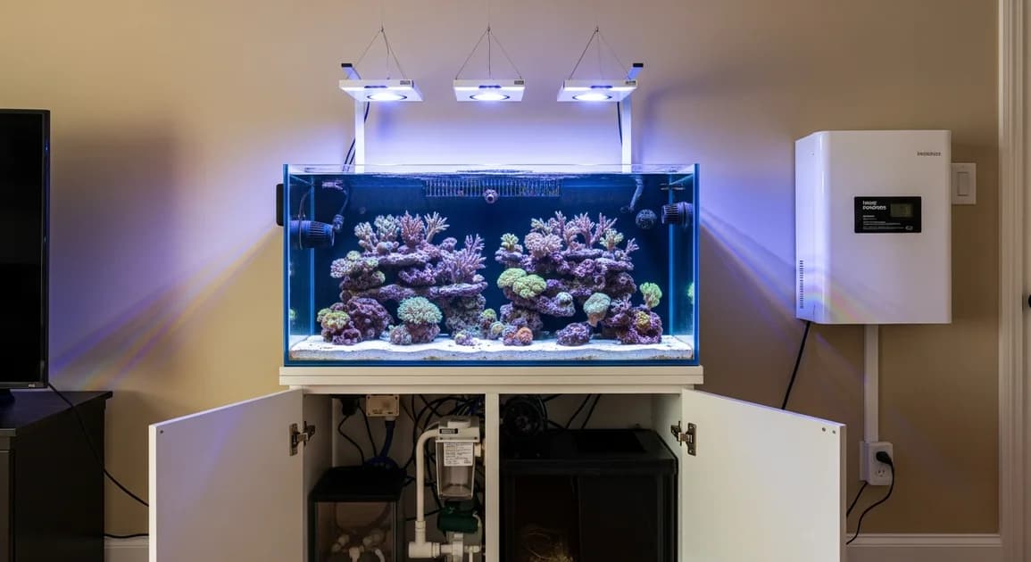 Houston home aquarium with healthy fish, LED lighting, and visible equipment pad showing return pump and a wall-mounted home battery backup unit on adjacent wall.