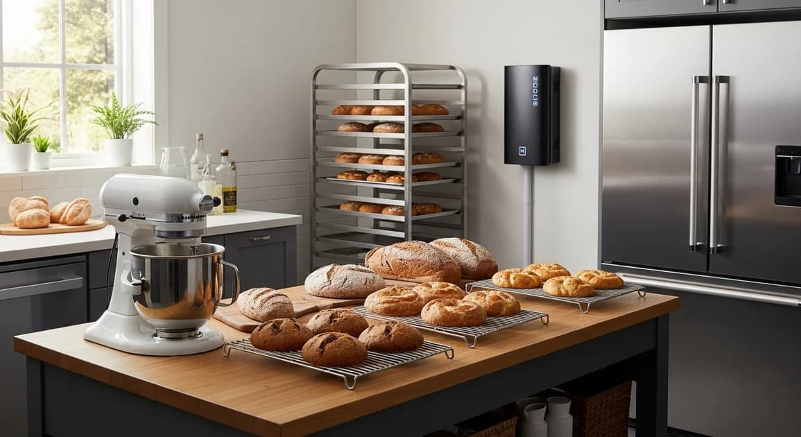 A home bakery kitchen with a stand mixer, cooling racks, and a refrigerator beside a wall-mounted battery backup unit in a Houston home.