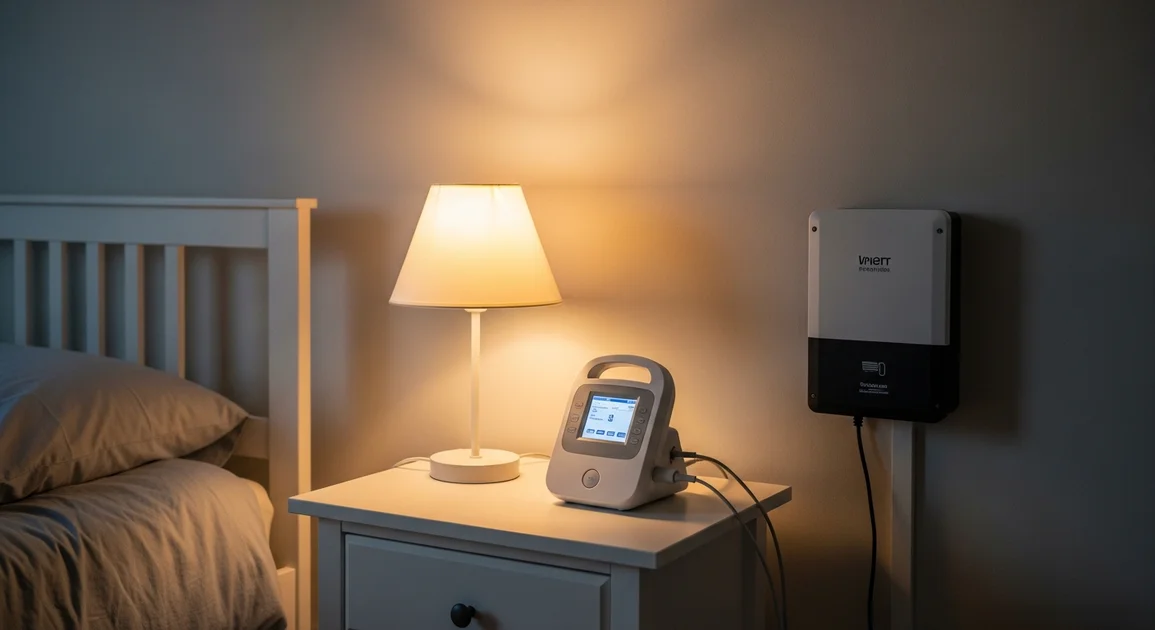 A home dialysis machine on a bedside table in a calm Houston bedroom with a wall-mounted battery backup unit nearby.
