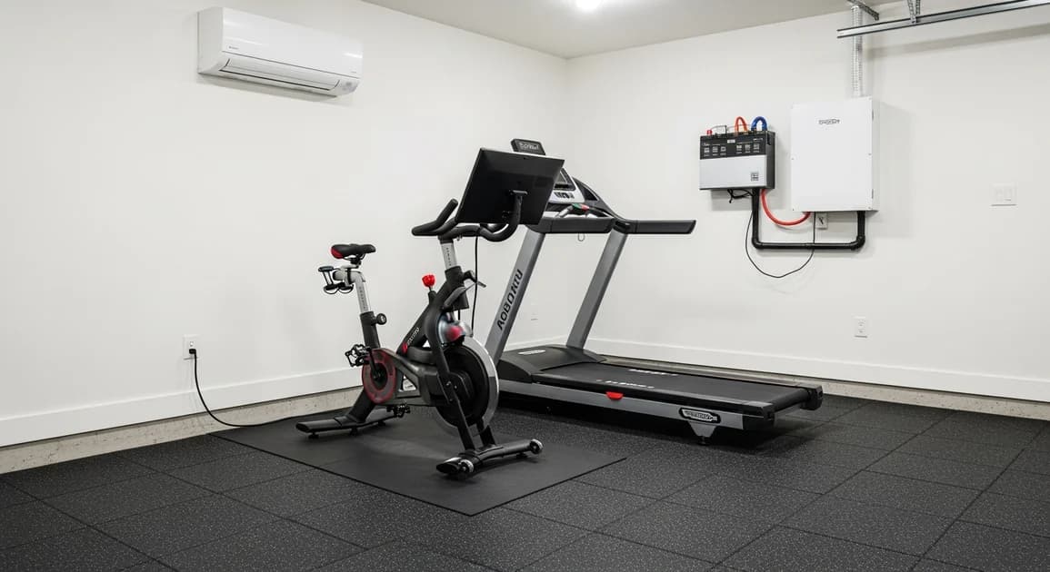 A converted garage home gym in Houston with a Peloton bike, a treadmill, rubber flooring, a wall-mounted mini-split AC unit, and a home battery on the wall.