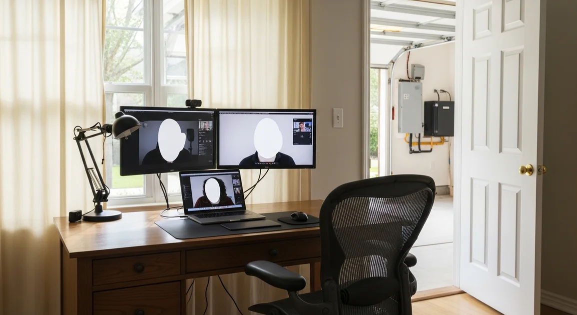 Houston home office setup with desk, dual monitors, ergonomic chair, and a wall-mounted home battery backup unit visible through the open door to the garage.