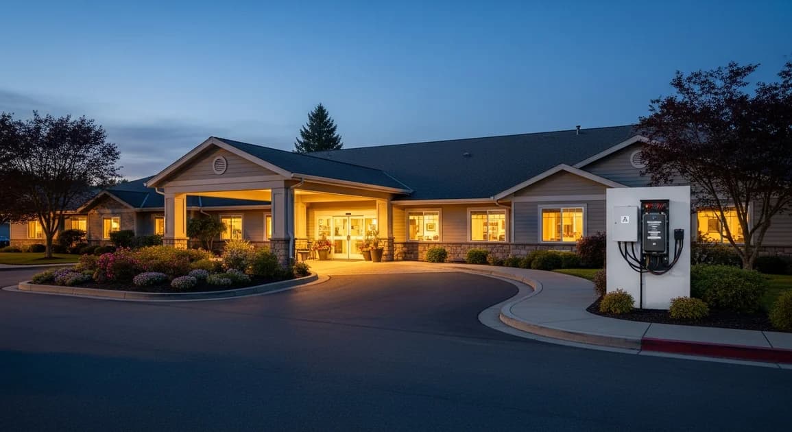 A welcoming single-story assisted-living building at dusk with warmly lit windows and a wall-mounted battery backup cabinet near the entrance, while the street behind is dark.