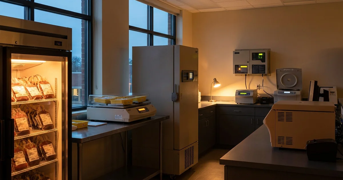 The processing room of a blood donation center at dusk, with a glass-front blood storage refrigerator holding rows of labeled blood bags, a flat-bed platelet agitator rocking trays of platelet units on a stainless steel counter, an upright plasma freezer beside it, and a wall-mounted battery backup cabinet on the far wall powering the room while the ceiling lights are dimmed.