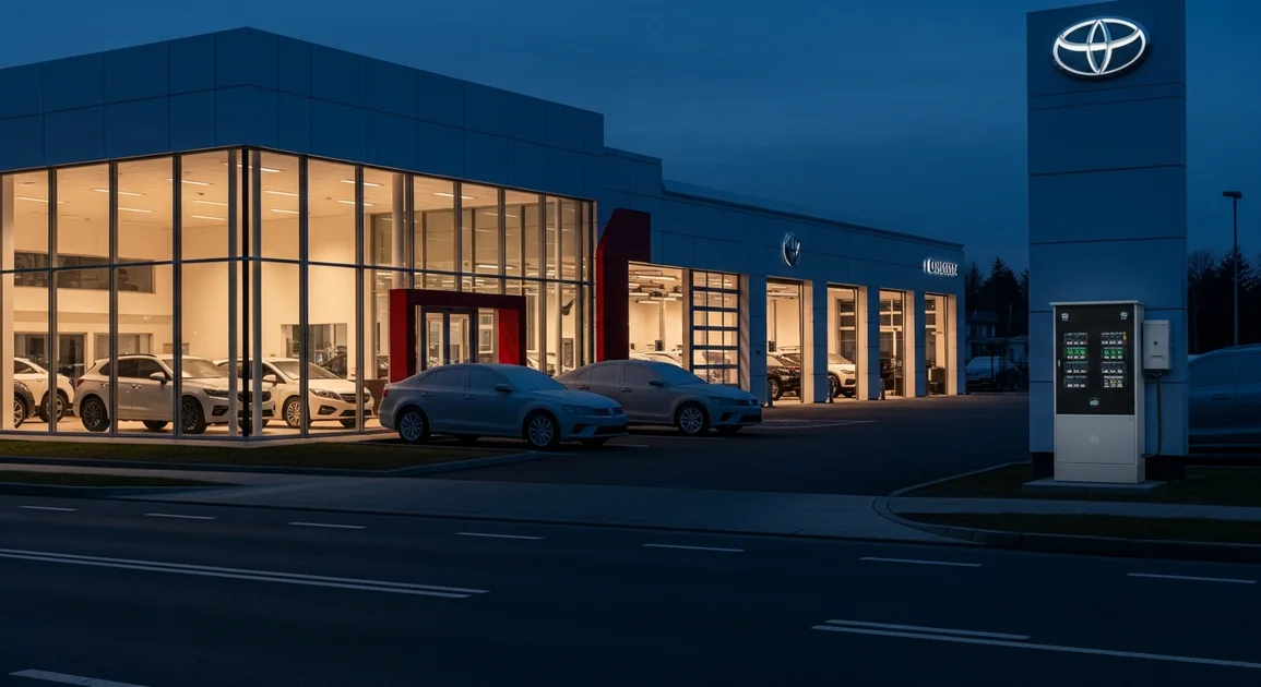 A modern car dealership showroom and service bays at dusk with lit interiors and a wall-mounted battery backup cabinet, while the surrounding lot and street are dark.