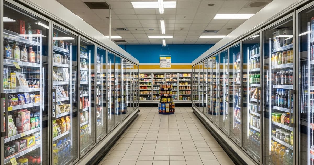 Refrigerated open cases and freezers lit on the sales floor of a Houston grocery store.