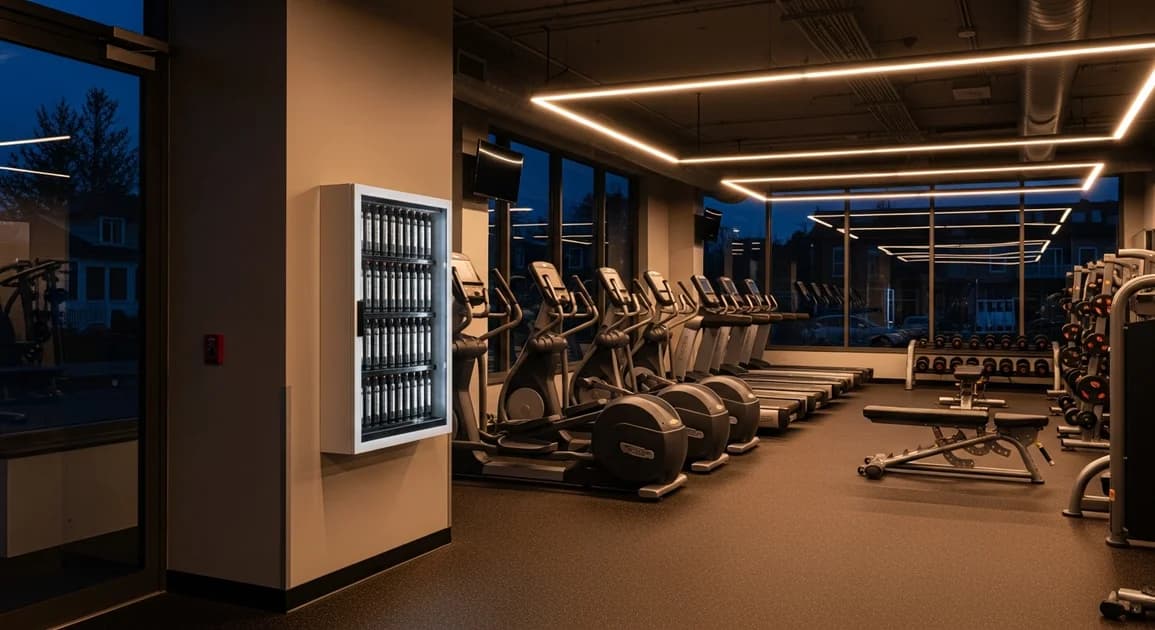 The interior of a modern fitness studio with cardio and free-weight equipment, lit during a neighborhood outage, with a wall-mounted battery backup cabinet by the entrance.