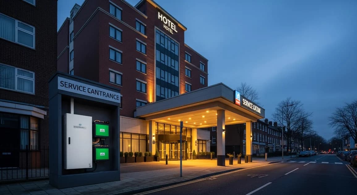 A modern mid-size hotel at dusk with a lit lobby and portico, and a wall-mounted battery backup cabinet near the service entrance, while the surrounding area is dark.