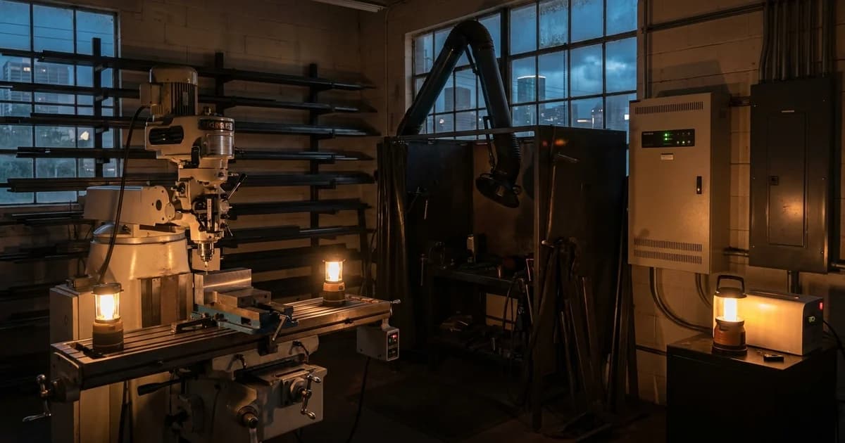 The interior of a Houston metal fabrication shop during a power outage, with a CNC milling machine holding a clamped steel part, a welding bay with an articulated fume extraction arm overhead, racked bar stock along the wall, and a wall mounted battery backup cabinet beside the electrical panel.