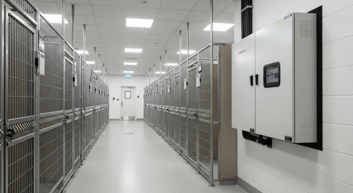 Clean commercial dog boarding kennel run in Houston with rows of gated enclosures and a wall-mounted battery cabinet visible at the end of the corridor.