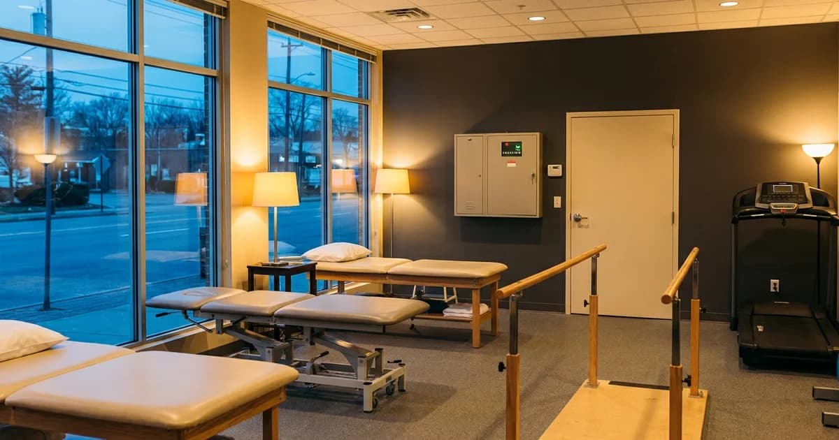 The interior of an outpatient physical therapy gym with padded treatment tables, a traction table, parallel bars and a treadmill beside tall windows, and a wall-mounted battery backup cabinet with its controller installed on the wall beside the equipment room door, warm amber light across bone and charcoal surfaces with cool blue daylight outside, no people, no text, no logos.