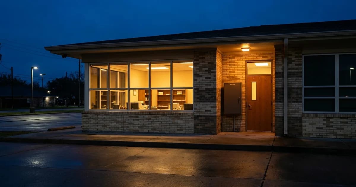 A single-story brick school campus entrance in Houston at blue hour, with a wall-mounted battery backup cabinet beside the front office door and warm light glowing from the office windows while the surrounding street is dark.