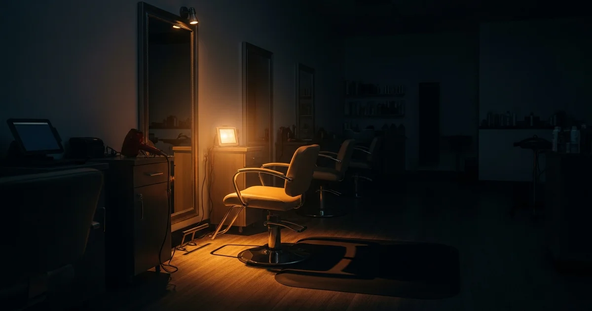 A dim, powered-down Houston salon styling station during an outage, with only a small emergency light glowing and the styling chair empty.