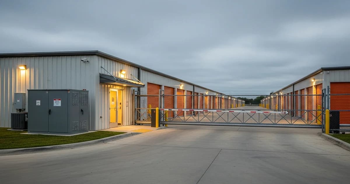 Houston self-storage facility at dusk with rows of roll-up doors and an electric security gate, a commercial battery cabinet visible beside the office building.