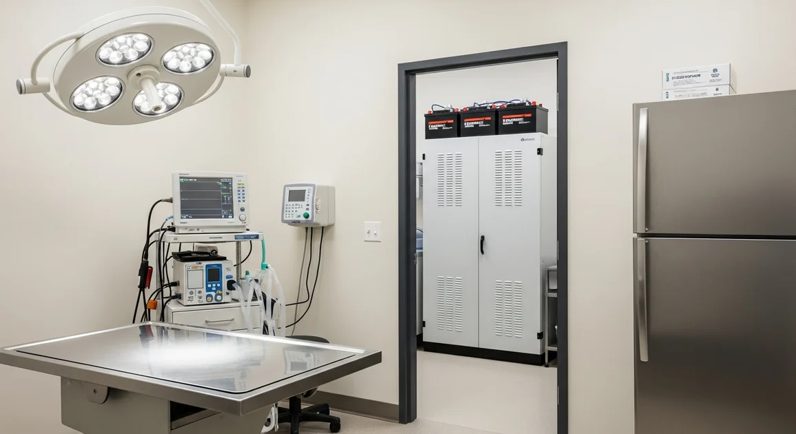 Houston veterinary clinic exam room with surgical table, anesthesia machine, and through an open doorway a commercial battery cabinet visible in the utility area.