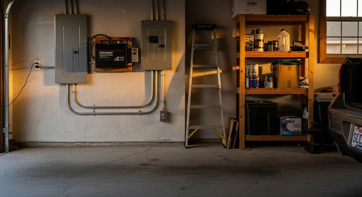 A clean Houston garage interior with a wall-mounted home battery and smart panel, next to a view of an alternative shaded exterior wall mounting location.