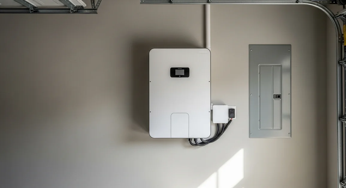 A wall-mounted home battery storage unit installed next to an electrical panel in a Houston-area garage