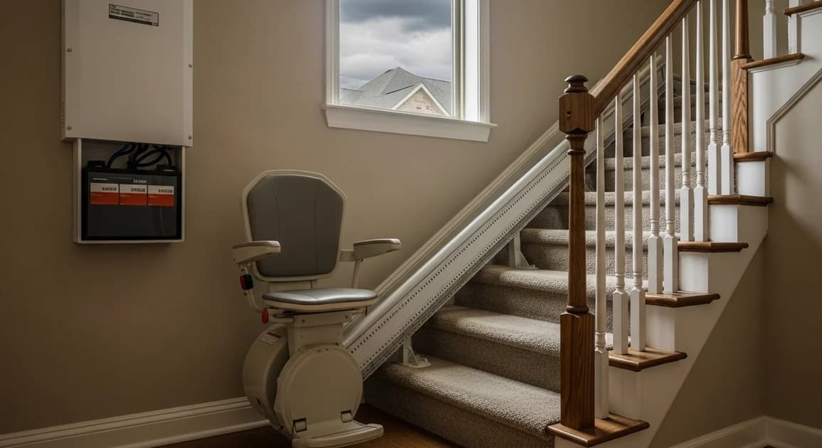 A residential stairlift on a staircase beside a wall-mounted battery backup unit in a Houston home during a storm.