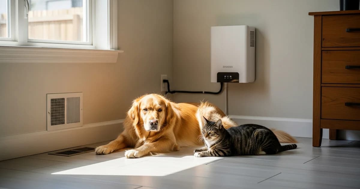 Calm dog and cat resting on a cool tile floor near a floor AC vent in a warm Houston living room, with a wall-mounted home battery backup unit on the adjacent wall.