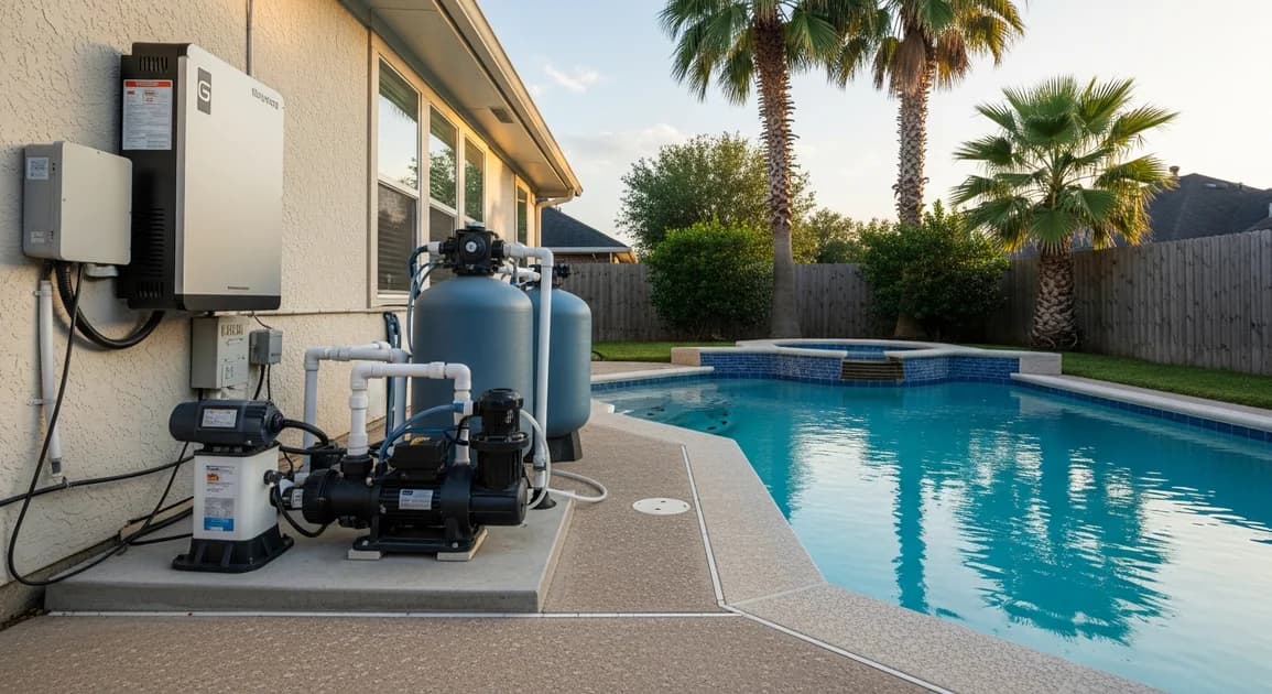 Houston backyard pool with pool equipment pad showing variable-speed pump and a wall-mounted home battery backup unit on the side house wall.