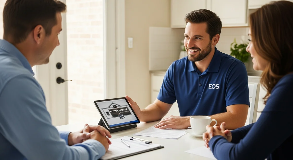 An Eos technician reviewing a home battery backup quote on a tablet with a Houston homeowner at the kitchen table.