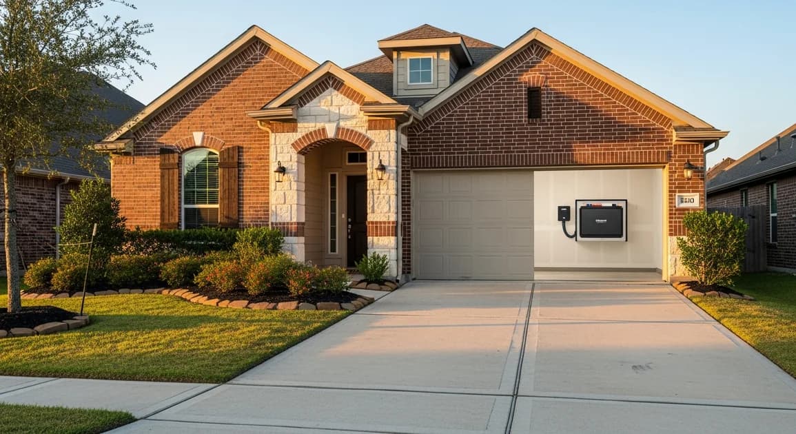 A single-family rental home in Houston with a wall-mounted battery backup unit in the garage, seen from the driveway.