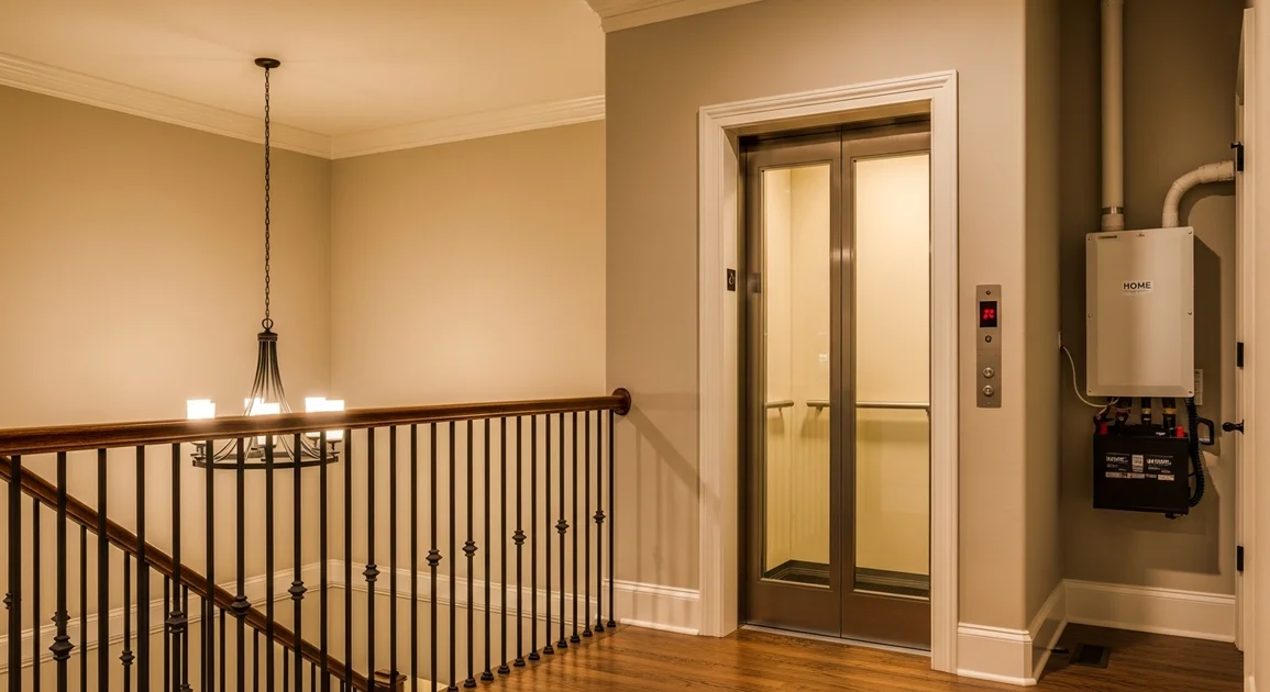 A residential home elevator landing on an upper floor of a Houston home beside a wall-mounted battery backup system.
