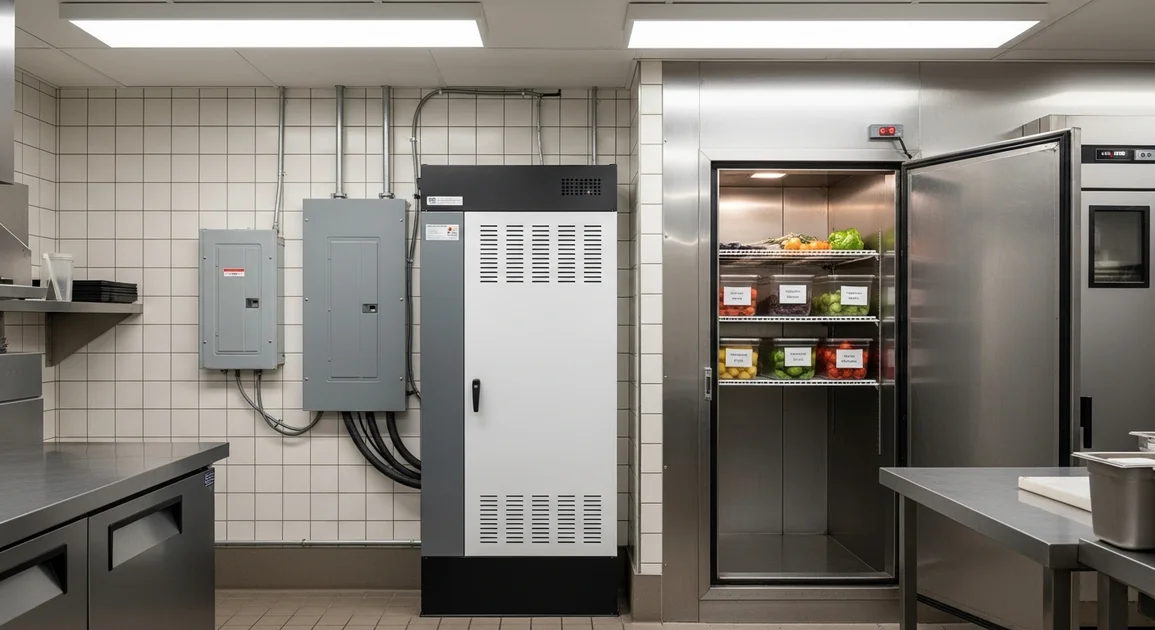 Interior of a Houston neighborhood restaurant with battery cabinet visible in the back-of-house service area, walk-in cooler door partially open showing fresh produce and proteins.