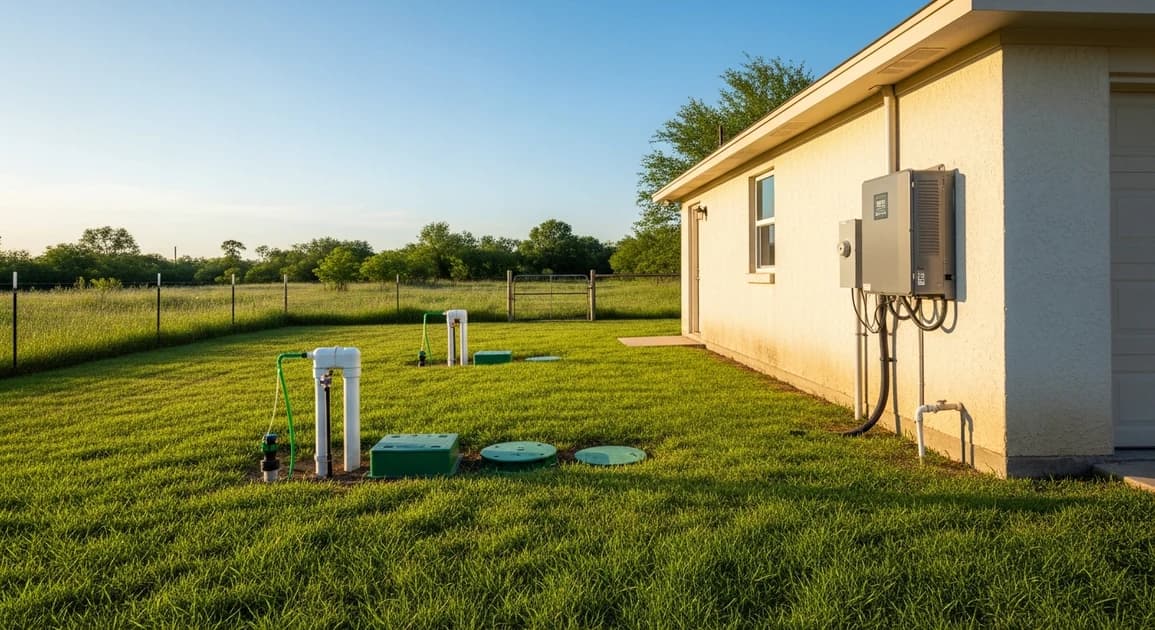 A Texas rural home with aerobic septic tank risers and spray heads in the yard and a wall-mounted battery backup on the garage.