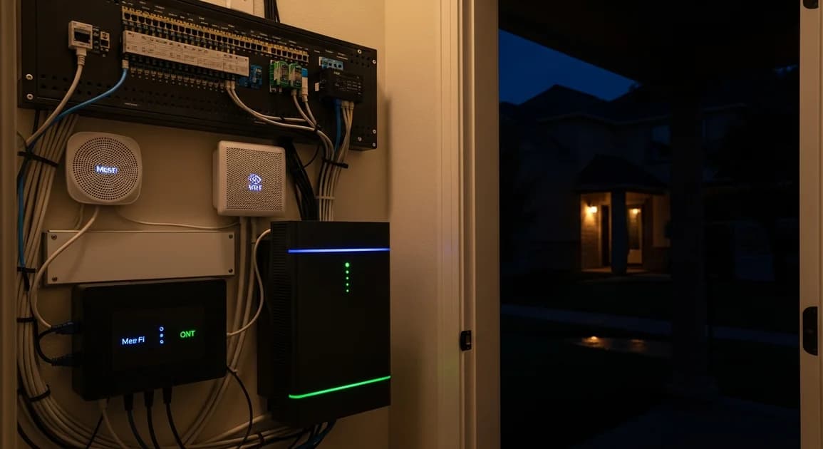 A Houston home network closet and smart panel with status lights glowing during a storm-darkened evening, the rest of the house dark behind it.