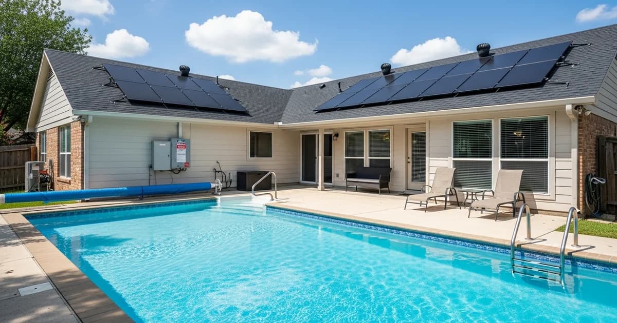 Houston backyard pool with rooftop solar collector panels and a wall-mounted home battery backup enclosure on the side house wall.