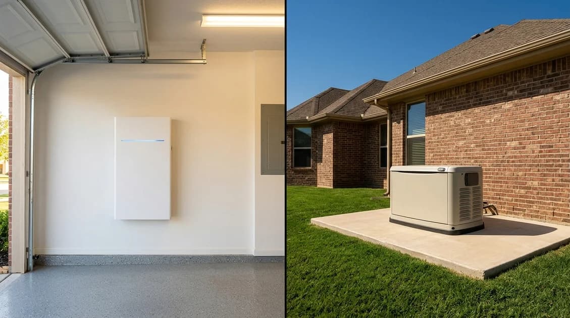 Side-by-side view of a wall-mounted home battery system inside a garage and a standby generator on a concrete pad outside a Texas home