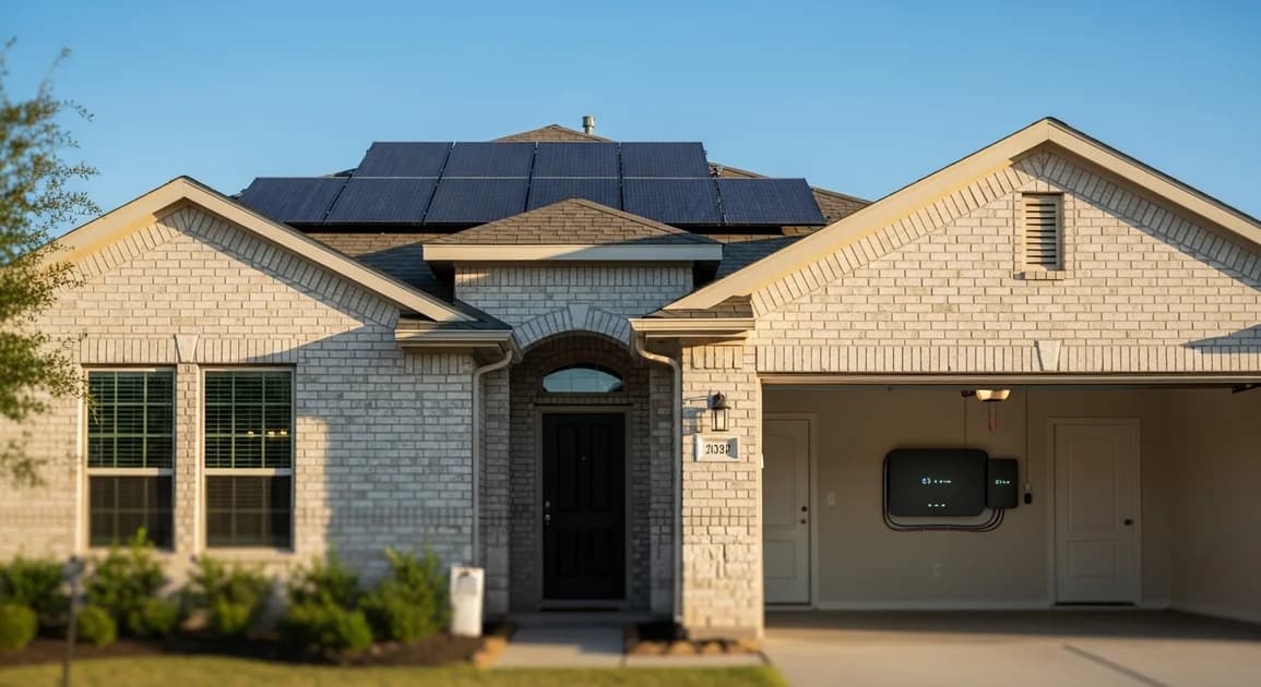 Rooftop solar panels on a Texas home in bright sun, with a wall-mounted home battery visible in the open garage below.