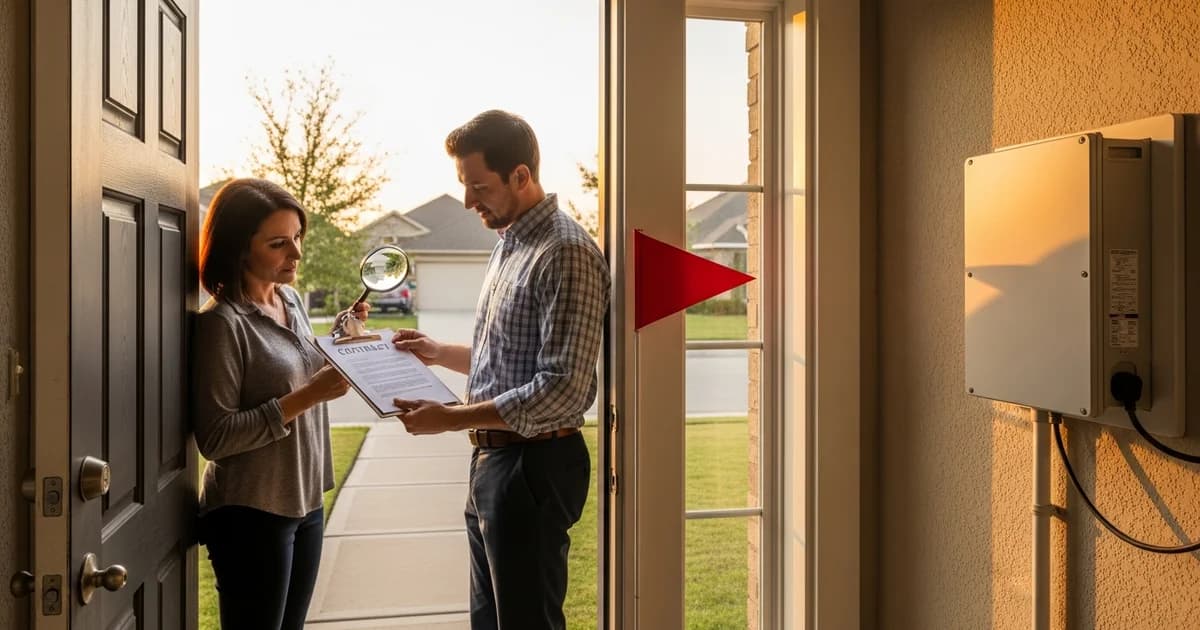 A Texas homeowner pausing at the front door to review a battery installer contract from a door-to-door salesman.