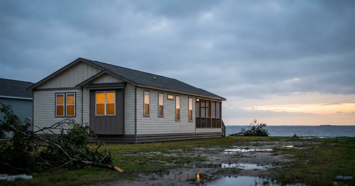 A single-story Baytown home on a flat coastal lot with Galveston Bay visible in the distance after a storm has cleared