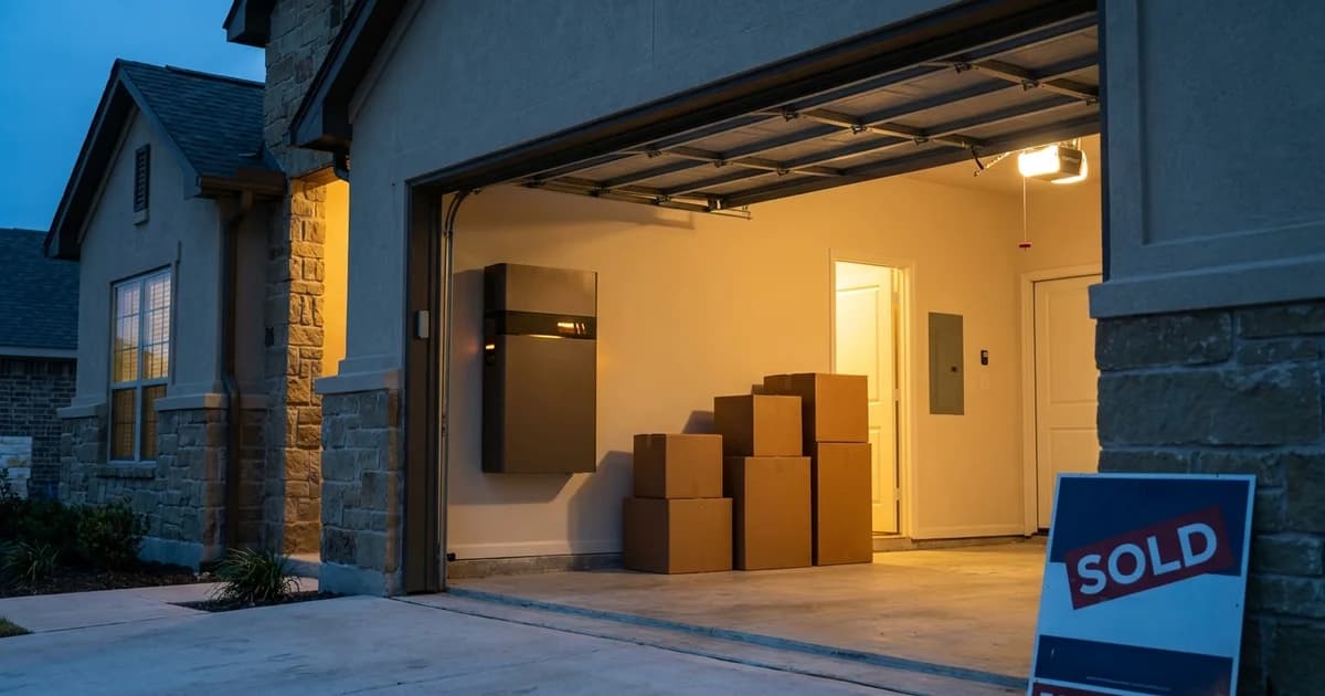 Open garage of a Texas home on closing day with a wall-mounted battery backup enclosure on the interior wall and unopened moving boxes on the floor.