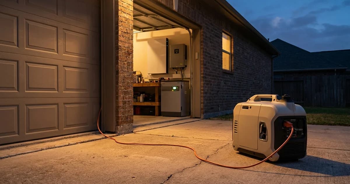 A portable inverter generator running on a concrete driveway beside a suburban Houston garage at dusk, a heavy power cord routed through the open garage door to a wall-mounted home battery and gray inverter cabinet, warm ember light spilling from the doorway against a deep blue-hour sky, no people and no signage.
