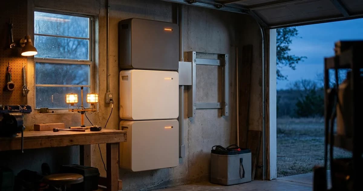 Wall-mounted modular home battery stack in a Texas garage with three units installed and clear mounting space beside them for another.