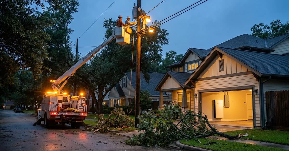 Utility bucket truck with its boom raised to a wooden distribution pole on a tree-lined Houston residential street at blue hour, snapped oak limbs across the curb, amber work lights glowing on the crew rigging, and across the street an open garage where a wall-mounted home battery cabinet is lit from within.